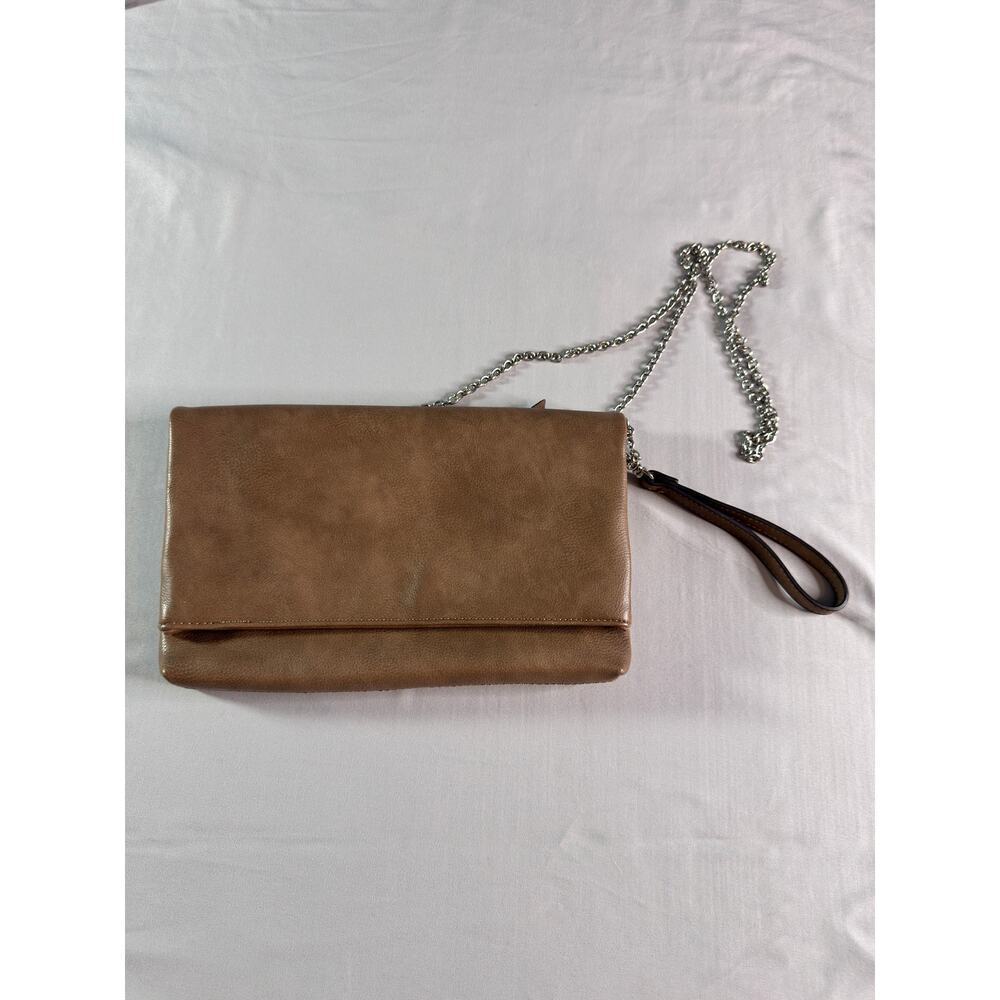 Kelly & Katie Womens Foldover Clutch Crossbody Tan Faux Leather Chain Strap Bag